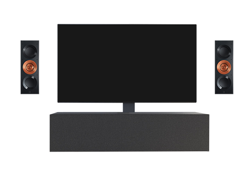 Transparante afbeelding van een tv met op maat gemaakt meubilair en surround speakers - Op maat gemaakt interieur, home entertainment, Spectrum HIFI