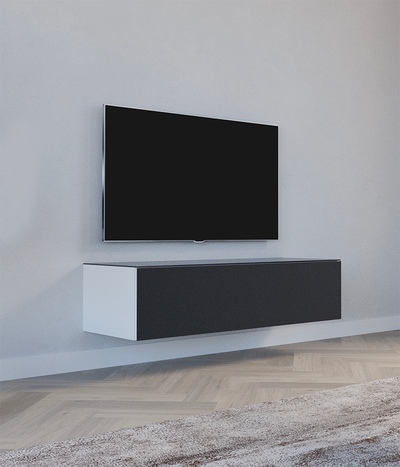 een moderne woonkamer met op maat gemaakt meubilair (tv-kast) en een aan de muur gemonteerde tv - Stijlvolle en functionele meubels, verborgen digicorder, speakers en bekabeling, Spectrum HIFI